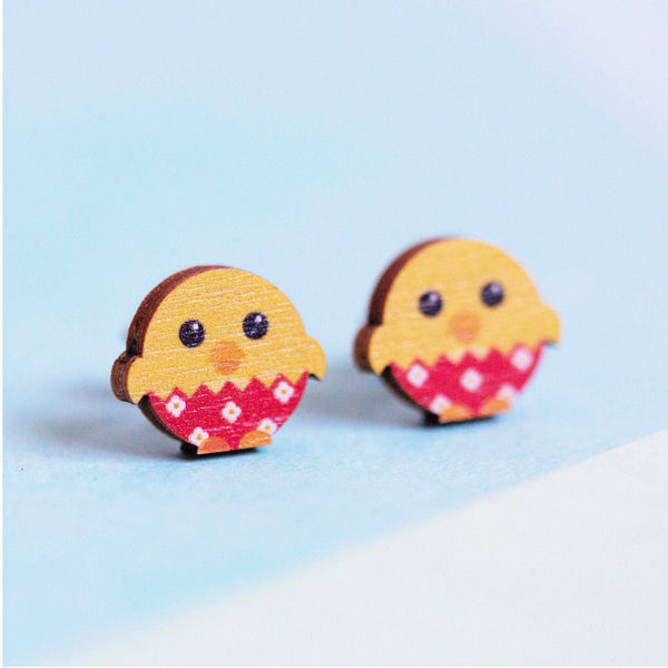 Hey There Munchquin - Chick - Little Round Birds - Eco friendly wooden stud earrings