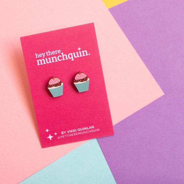 Hey There Munchquin - Cupcakes - Eco friendly wooden stud earrings