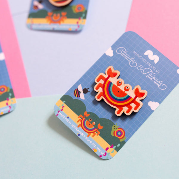 Munchquin - Colourful rainbow crab eco-friendly wooden pin badge