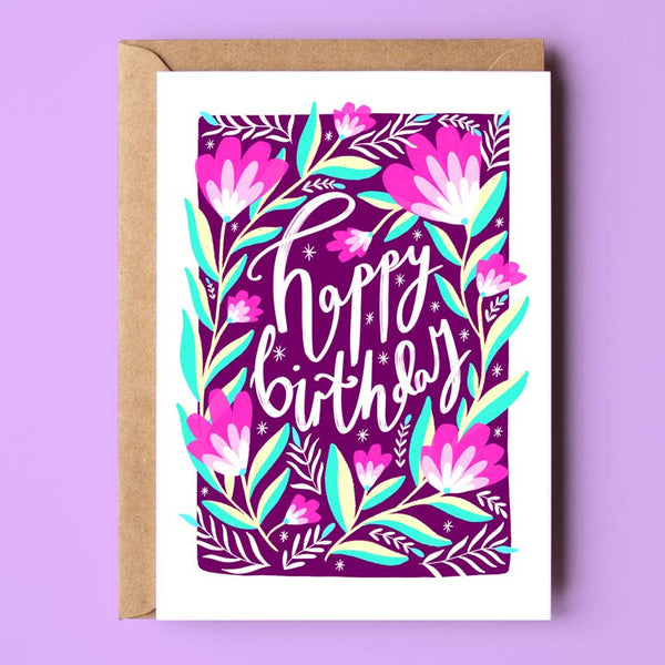 The Sunshine Bindery - Happy Birthday Purple Florals Card