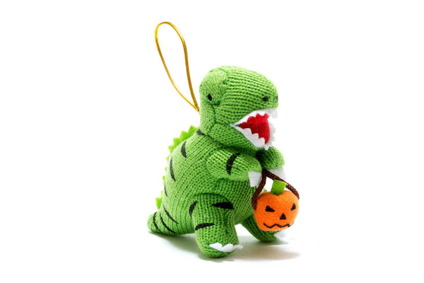 Knitted T Rex With Pumpkin Happy Halloween Ornament