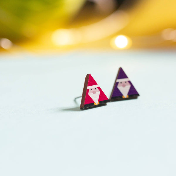 Hey There Munchquin - Mismatched geo Santas - wooden stud earrings