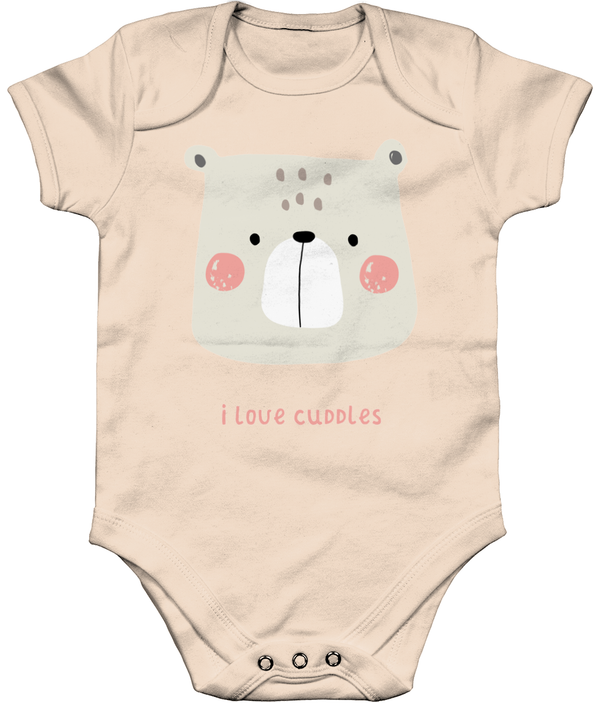 Organic Short Sleeve Baby Bodysuit 'I love cuddles' (Pink text)