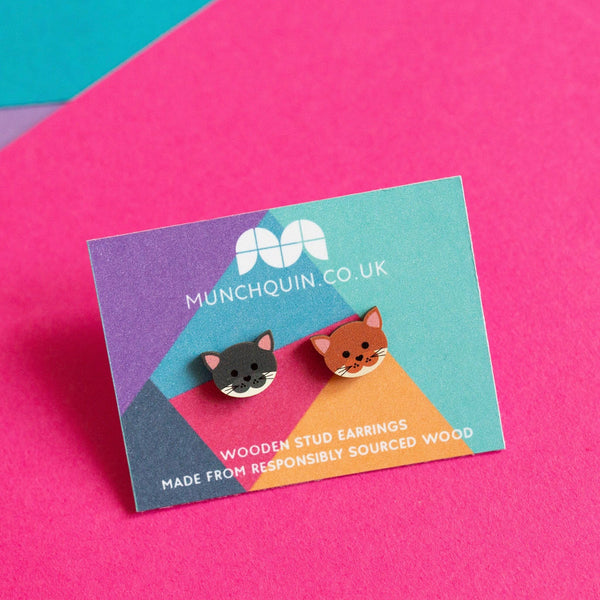 Mismatched cats - Eco friendly wooden stud earrings