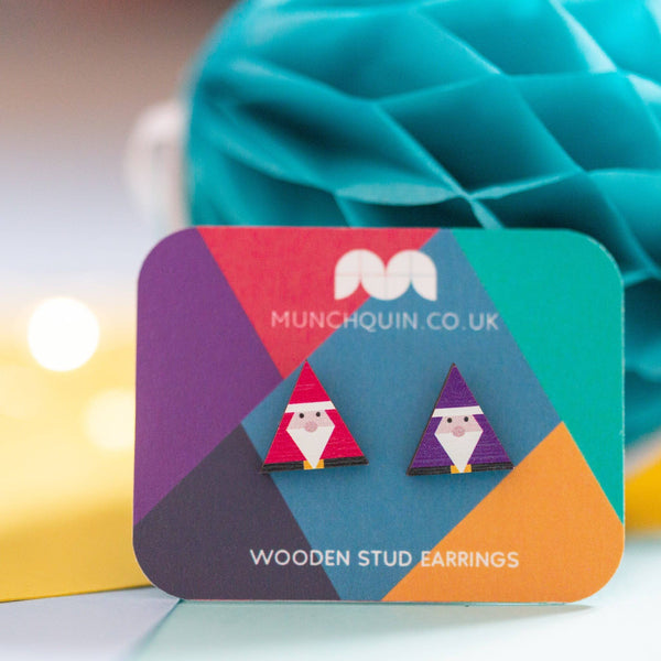 Hey There Munchquin - Mismatched geo Santas - wooden stud earrings