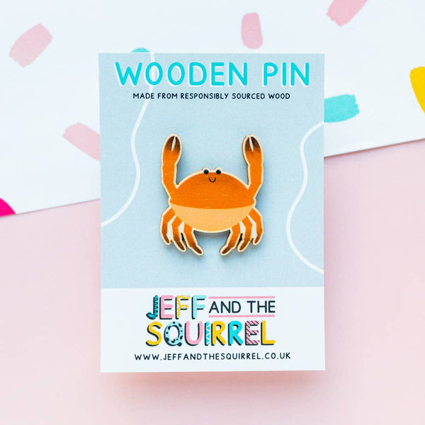 Jeff and the Squirrel - Orange Crab Wooden Pin Badge | Sustainable Ocean Beach