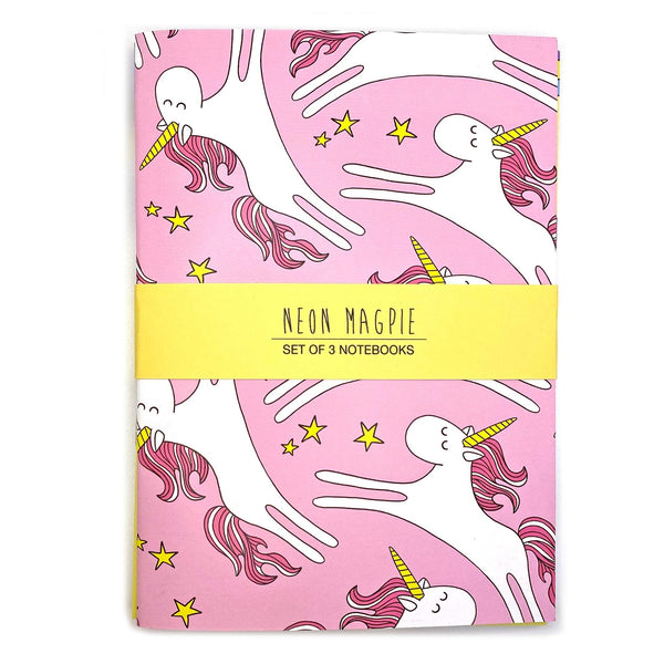 Unicorn Notebooks , Pack of 3 (lined) - Neon Magpie