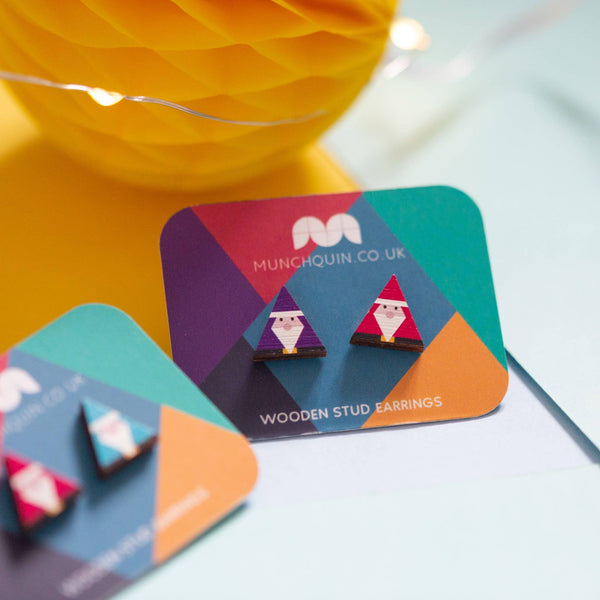 Hey There Munchquin - Mismatched geo Santas - wooden stud earrings