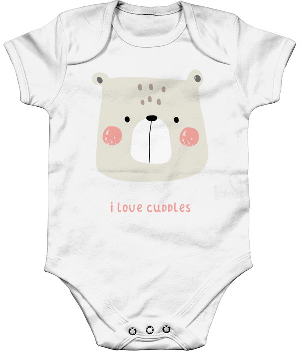 Organic Short Sleeve Baby Bodysuit 'I love cuddles' (Pink text)