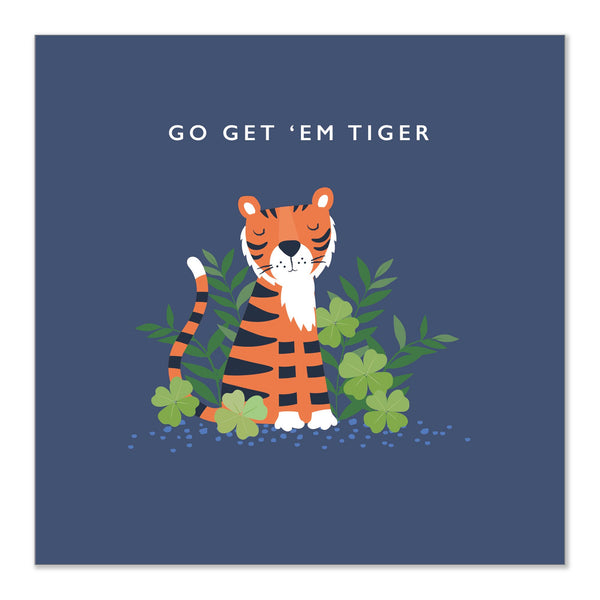 Klara Hawkins - Good Luck Greetings Card | Tiger with Lucky Clover