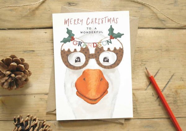 Christmas Card - Happy Christmas Grandson - Novelty Glasses Goose - Every Goose