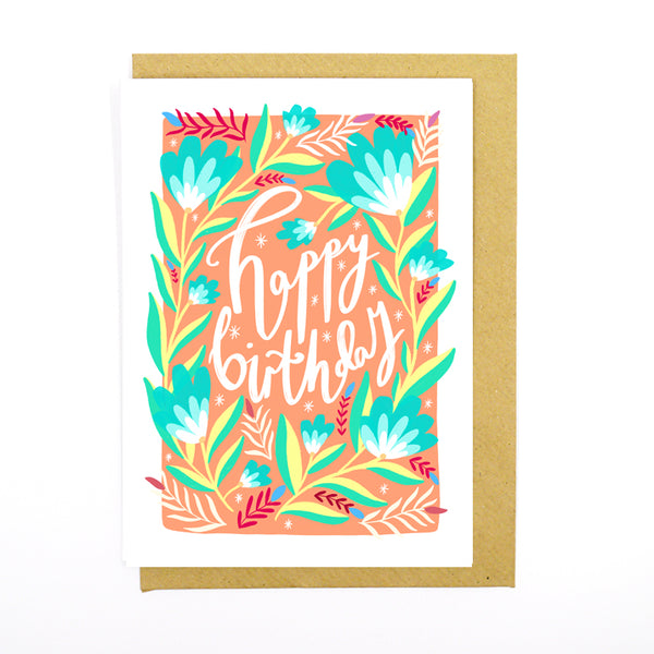 Happy birthday peach florals, recycled card- Sunshine Bindery