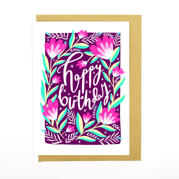 Happy birthday purple florals, recycled card- Sunshine Bindery