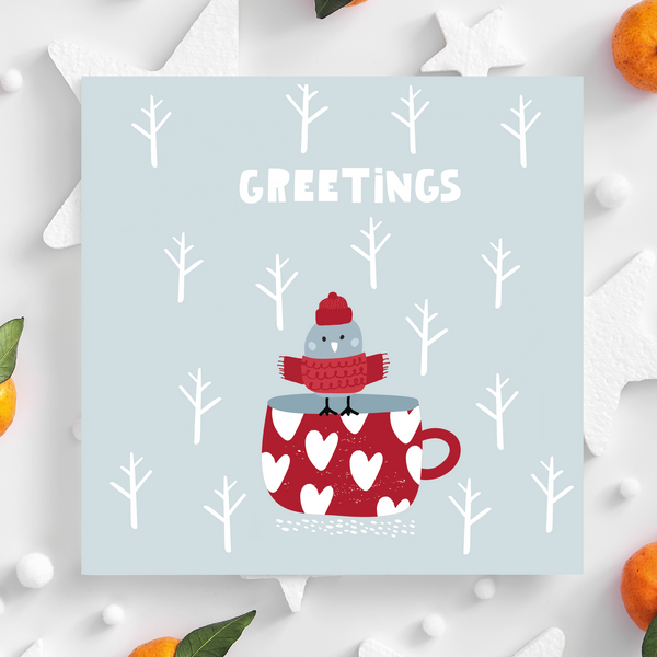 Seasons Greetings Bird on a teacup - Christmas card