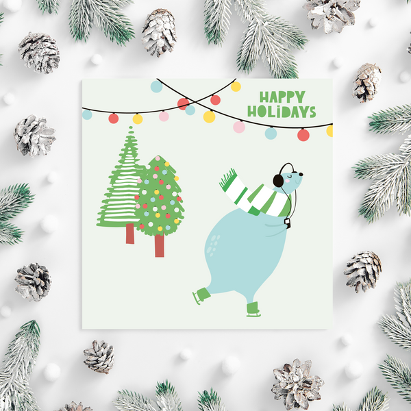 Happy Holidays Skating Bear - Christmas card