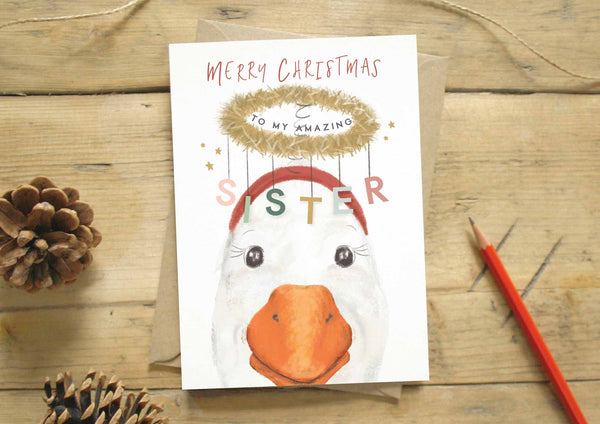 Christmas Card - Happy Christmas Sister - Novelty Glasses Goose - Every Goose