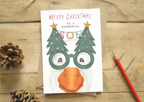 Christmas Card - Happy Christmas Son - Novelty Glasses Goose - Every Goose